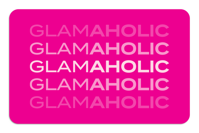 Bright pink e-gift card featuring the word "GLAMAHOLIC" repeated in varying shades, perfect for gifting luxury items.