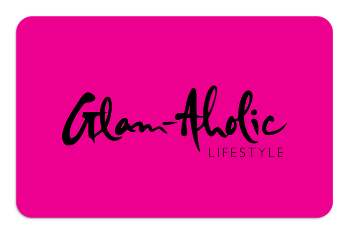 Bright pink E-Gift Card featuring the Glam-Aholic Lifestyle logo in black, perfect for gifting luxury accessories.
