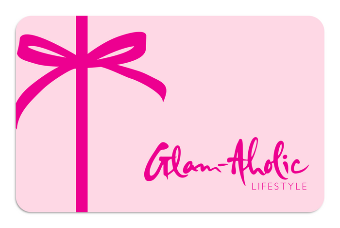Pink e-gift card featuring a bow design and the Glam-Aholic Lifestyle logo, perfect for gifting luxury accessories.