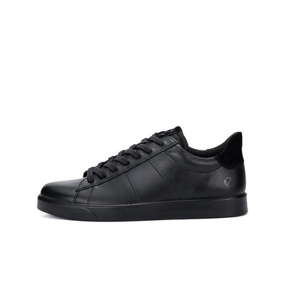 Black leather low-top sneakers, side view with lace-up closure and cushioned sole.