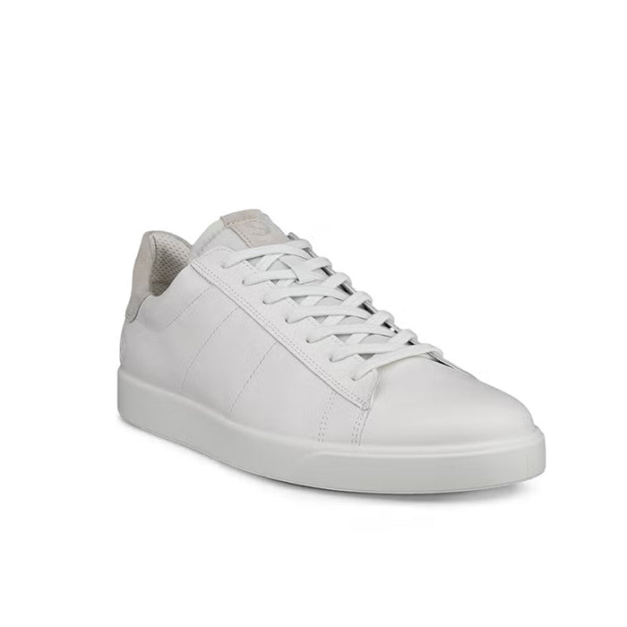 White leather low-top sneakers with lace-up closure and padded collar.