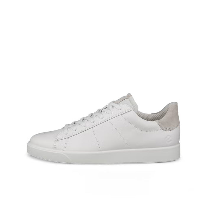 White leather low-top sneakers with lace-up closure and smooth rubber sidewall.