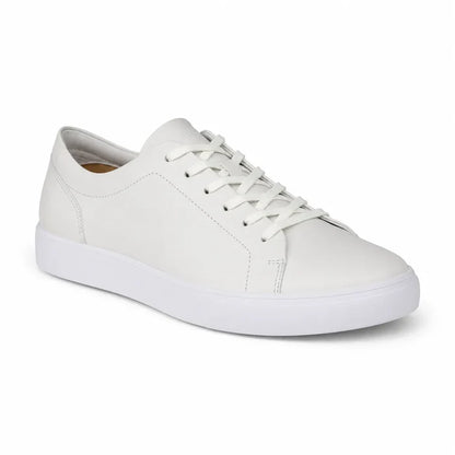 Men's leather lace-up sneakers, white low-profile with white laces and cupsole
