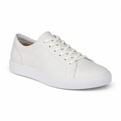 Men's leather lace-up sneakers, white low-profile with white laces and cupsole