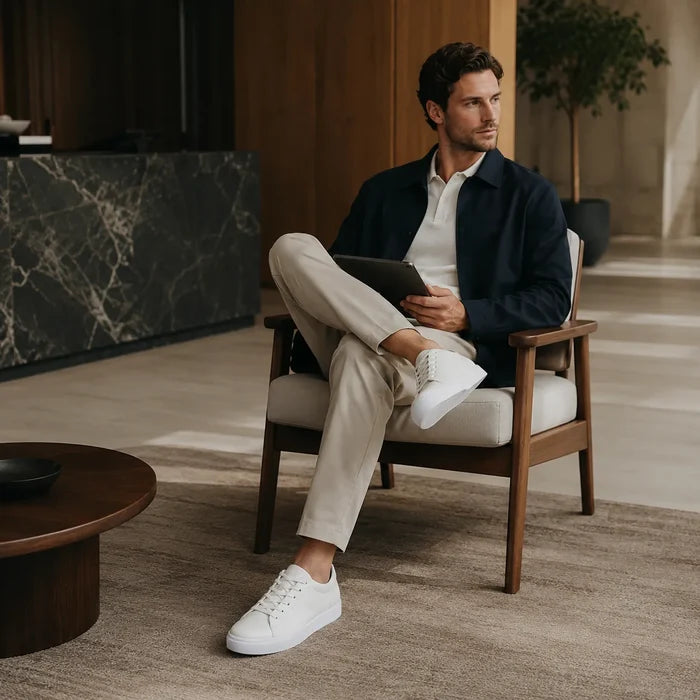 Men's leather lace-up sneakers on model, white low-top with laces and white outsole