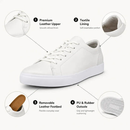 Men's leather lace-up sneakers, white low-top with lace-up front and rubber sole