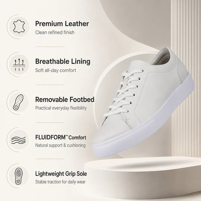 Men's leather lace-up sneakers, white low-top with lace-up front and thick comfort sole