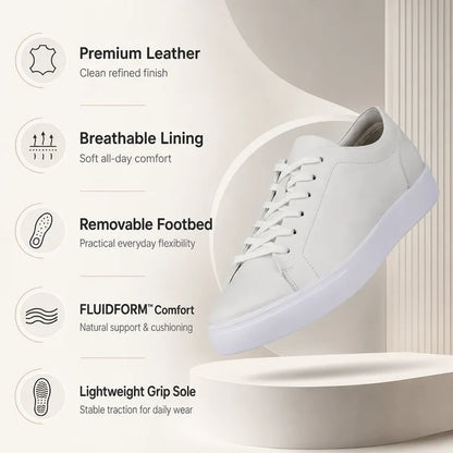 Men's leather lace-up sneakers, white low-top with lace-up front and thick comfort sole
