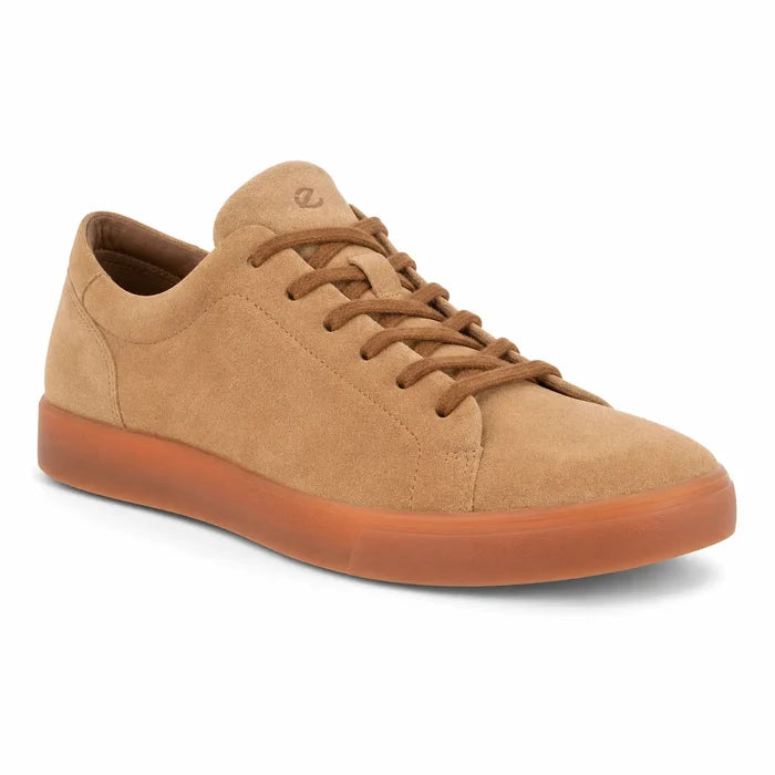 Men's suede lace-up sneakers, tan-brown low-top with brown laces and cupsole
