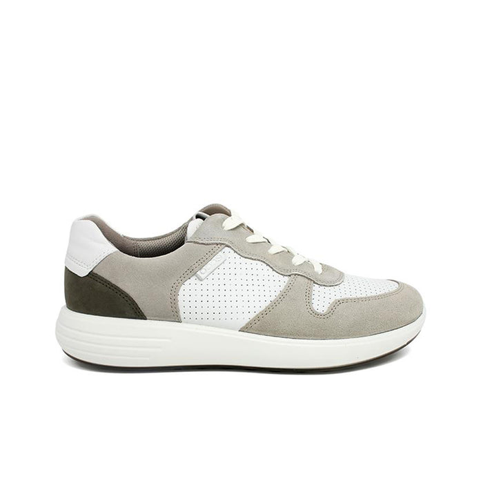 Grey and beige lace-up sneakers with suede overlays and white sole