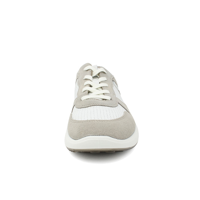 Grey and beige lace-up sneaker front view with padded collar