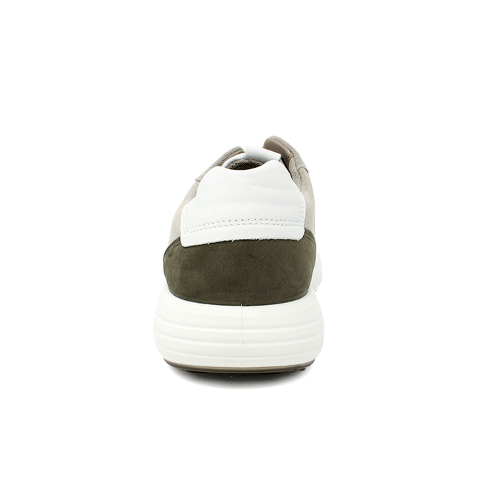Back of grey and beige lace-up sneakers with cushioned heel tab