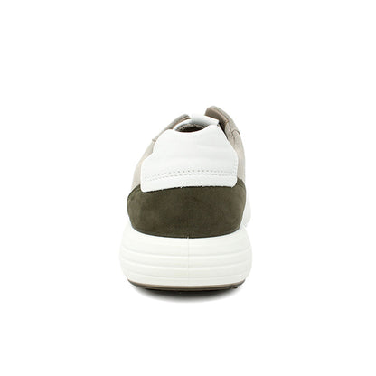 Back of grey and beige lace-up sneakers with cushioned heel tab