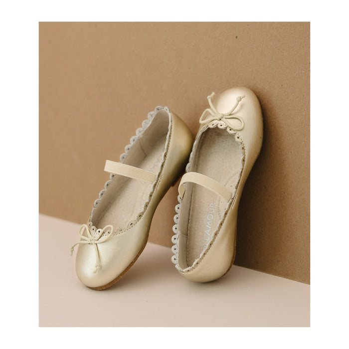 L'Amour Girls Eliza Scalloped Leather Ballerina Flat - Gold