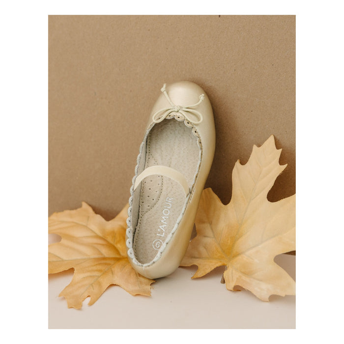 L'Amour Girls Eliza Scalloped Leather Ballerina Flat - Gold
