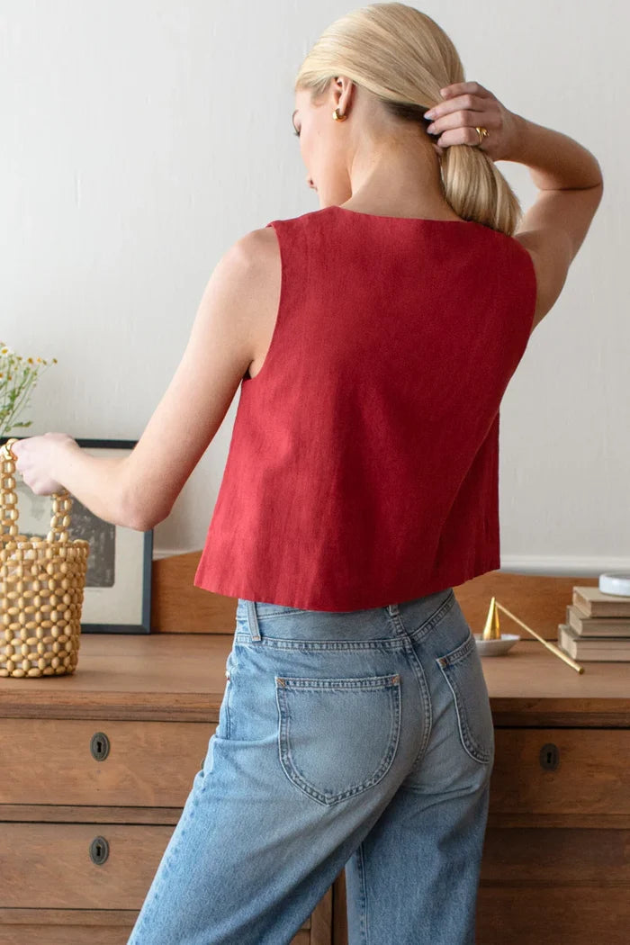 Emerson Fry - Button Front Wide Hem Linen Top in Pompeian Red
