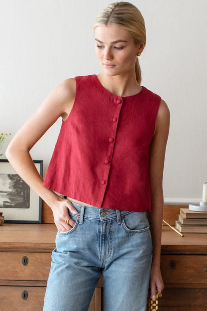 Emerson Fry - Button Front Wide Hem Linen Top in Pompeian Red