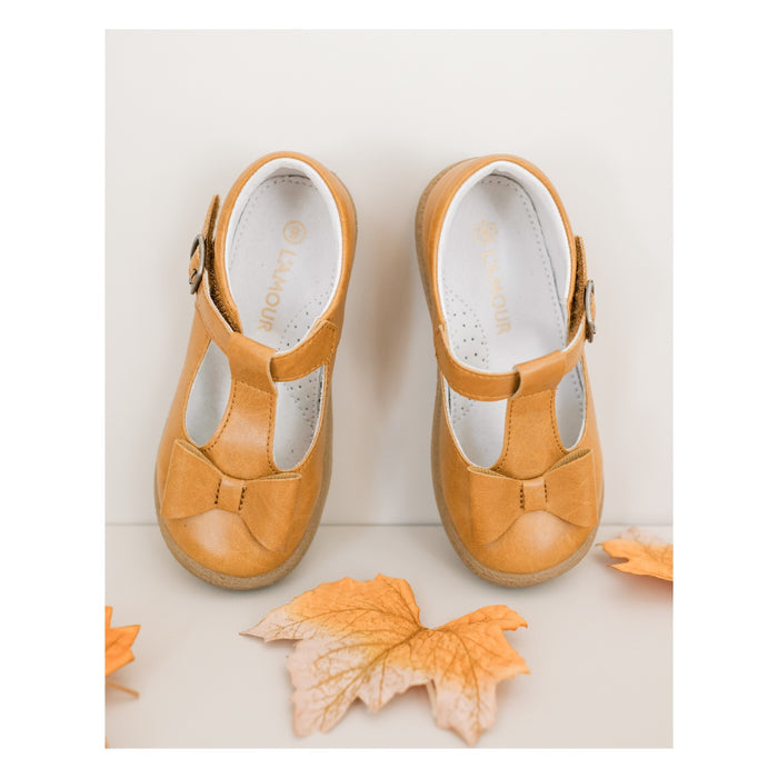 Toddler Girl's Bow Flat - Emma Mustard T-Strap Mary Jane - L'Amour Shoes
