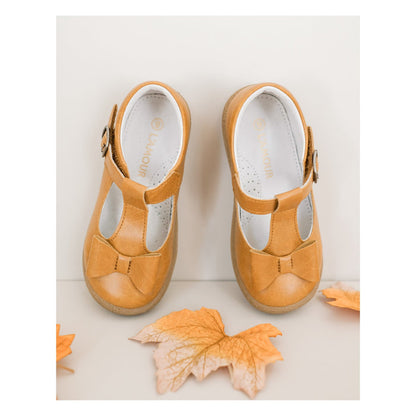 Toddler Girl's Bow Flat - Emma Mustard T-Strap Mary Jane - L'Amour Shoes