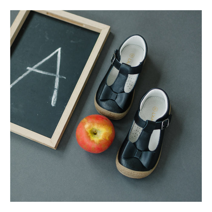 Toddler Girls Black School Shoe - Emma Bow T-Strap Mary Jane Flat - L'Amour Shoes