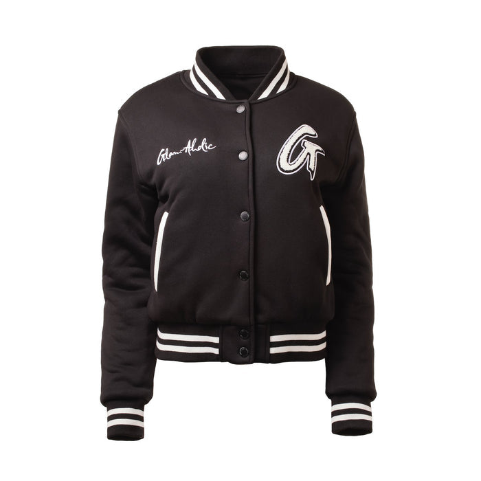 Black varsity jacket with white accents, embroidered patches, and striped cuffs and collar, featuring a snap button front.