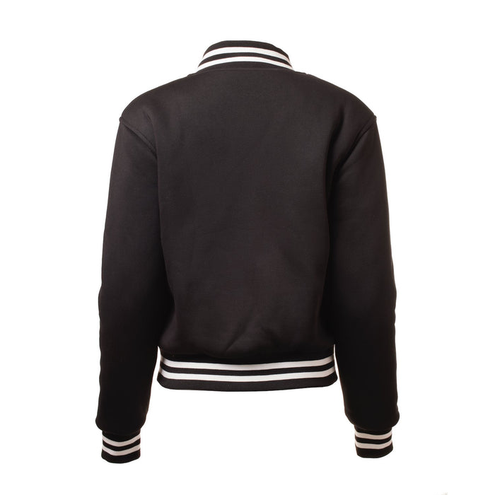 Black varsity jacket with striped collar, cuffs, and waistband, featuring a classic athletic design and snap button closure.