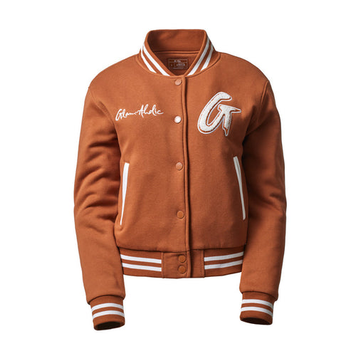 Brown varsity jacket with white striped accents, embroidered patches, and a snap button front.
