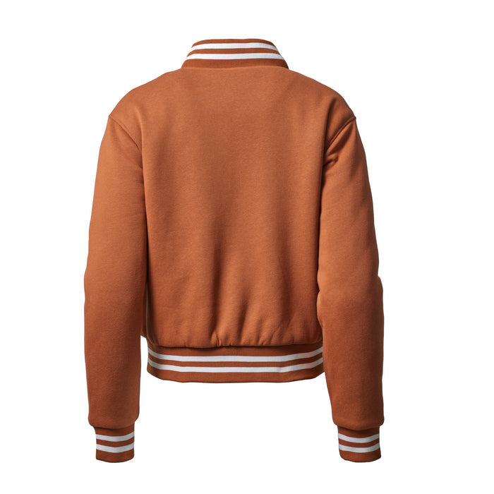 Brown varsity jacket with striped ribbed collar, cuffs, and hem, featuring a classic athletic style and relaxed fit.