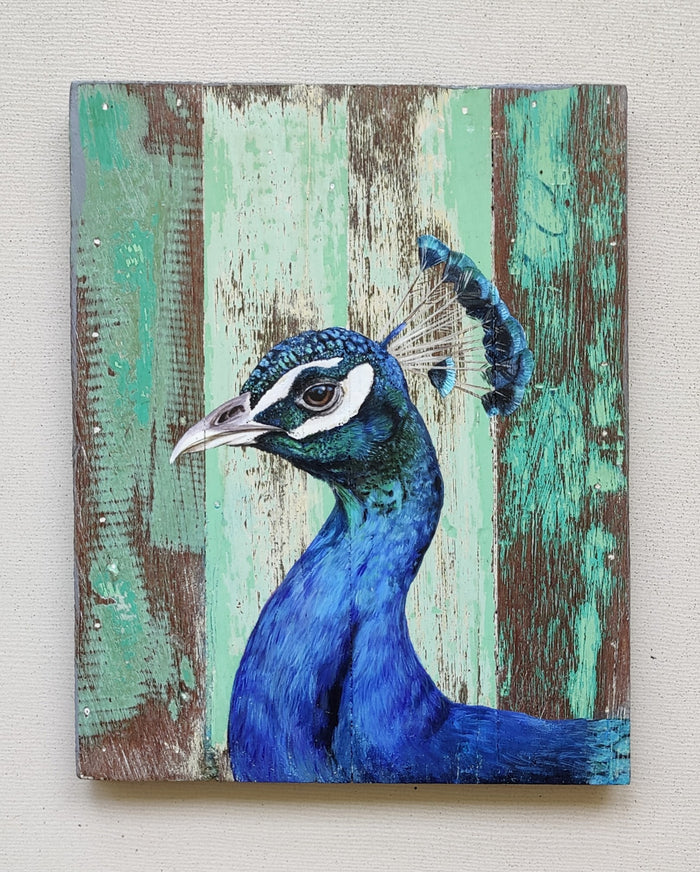 EXQUISITE WALL HANGING / TABLE DECOR: Beautiful Hand Painted Peacock on Wood.