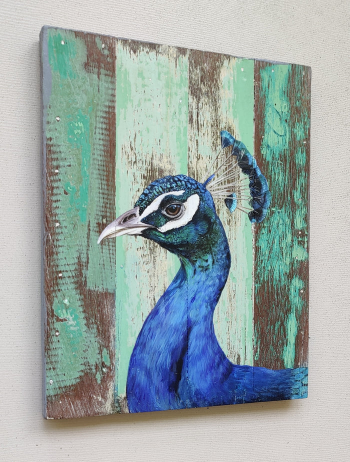 EXQUISITE WALL HANGING / TABLE DECOR: Beautiful Hand Painted Peacock on Wood.