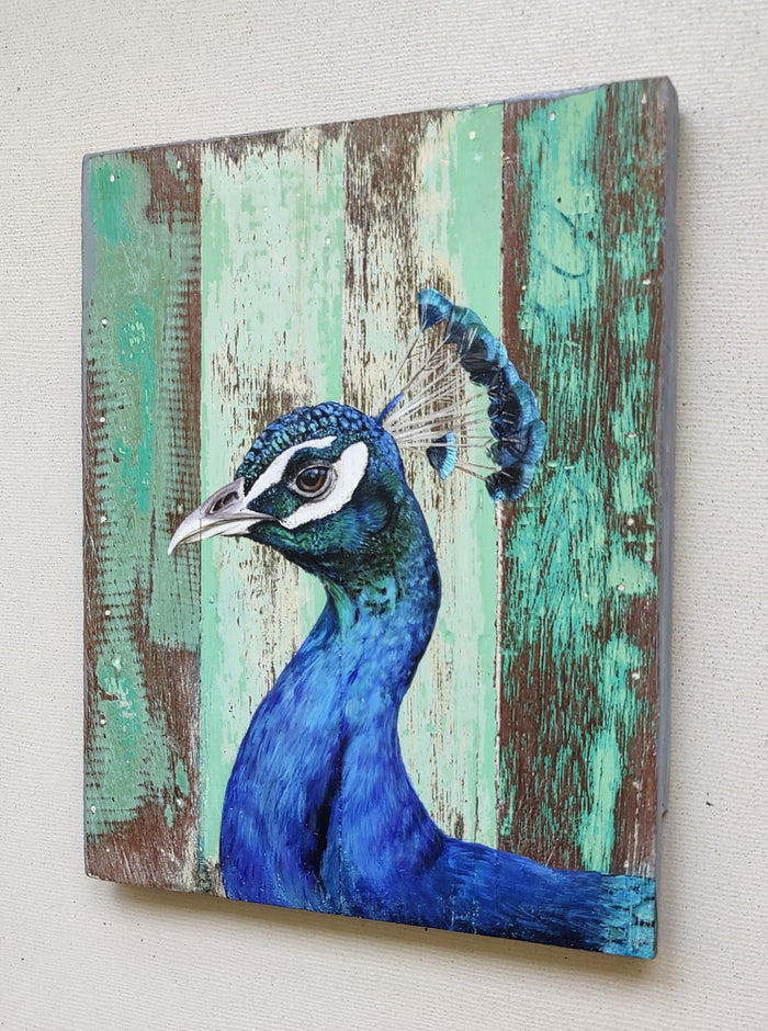 EXQUISITE WALL HANGING / TABLE DECOR: Beautiful Hand Painted Peacock on Wood.