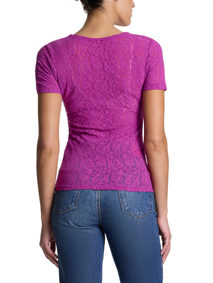 Flora Lace Short Sleeve Top Picking Plums Pink - Back On-Model, Sheer Floral Lace Top | Hanky Panky