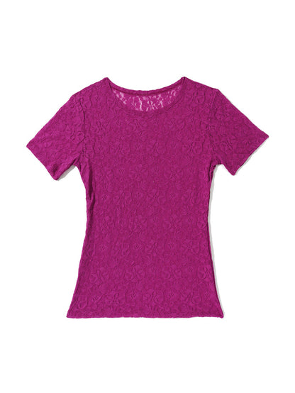 Flora Lace Short Sleeve Top Picking Plums Pink - Flat Lay, Signature Lace Floral Detail | Hanky Panky