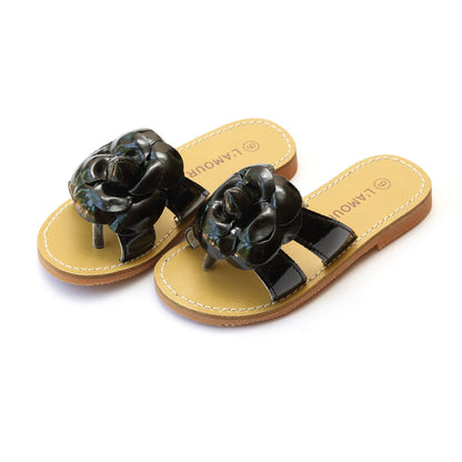 Florence Black Double Strap Flower Thong Sandal - L'Amour Shoes