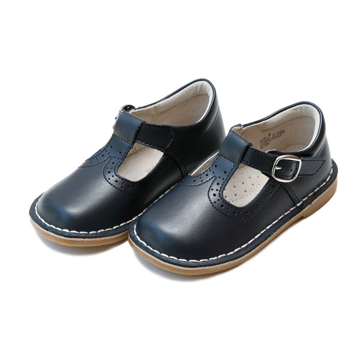 Frances Navy T-Strap Perforated Mary Jane - L'Amour Shoes