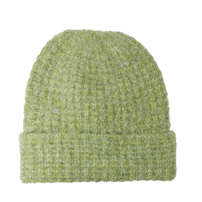Green knit beanie on a white background