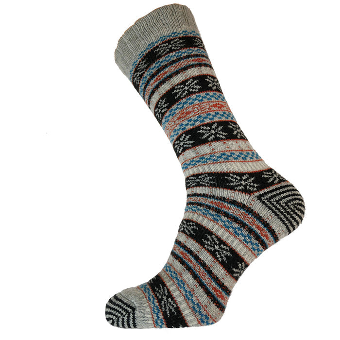 A pair of grey wool blend socks with a scandinavian pattern in black, blue, and orange stripes and geometric shapes.