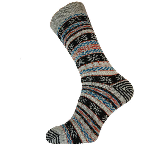 A pair of grey wool blend socks with a scandinavian pattern in black, blue, and orange stripes and geometric shapes.