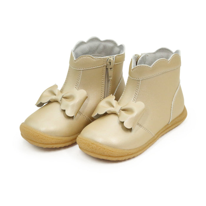 L'Amour Shoes - Harper Toddler Girls Scalloped Bow Ankle Leather Boot with Zipper in Champagne Gold