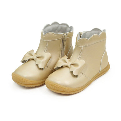L'Amour Shoes - Harper Toddler Girls Scalloped Bow Ankle Leather Boot with Zipper in Champagne Gold