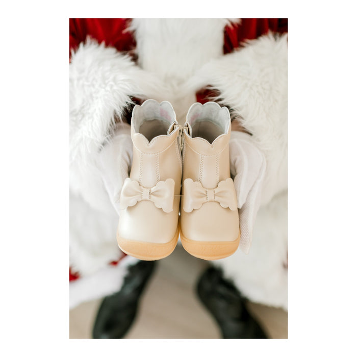 L'Amour Shoes - Harper Toddler Girls Scalloped Bow Ankle Leather Boot with Zipper in Champagne Gold