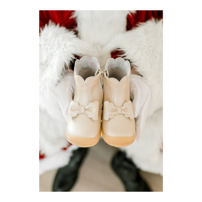 L'Amour Shoes - Harper Toddler Girls Scalloped Bow Ankle Leather Boot with Zipper in Champagne Gold