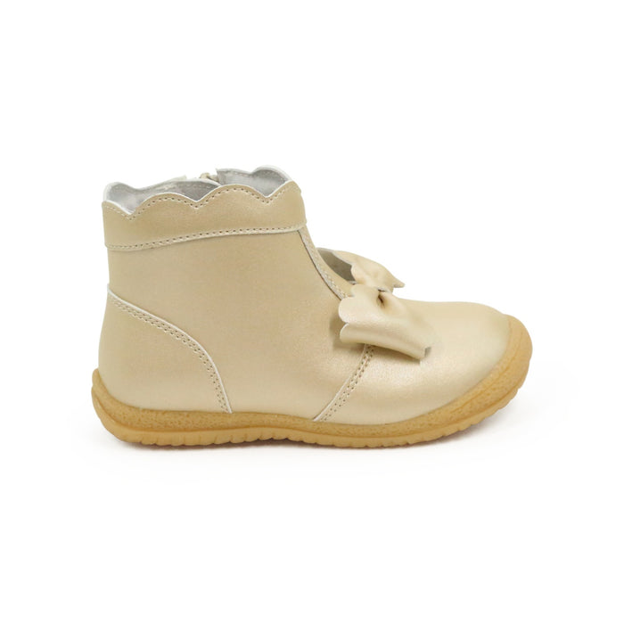 L'Amour Shoes - Harper Toddler Girls Scalloped Bow Ankle Leather Boot with Zipper in Champagne Gold