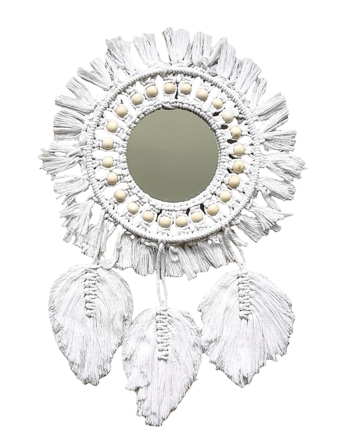 Home Decor - Boho Handmade Wall Mirror with Wooden Beads and Leaf Tassels.