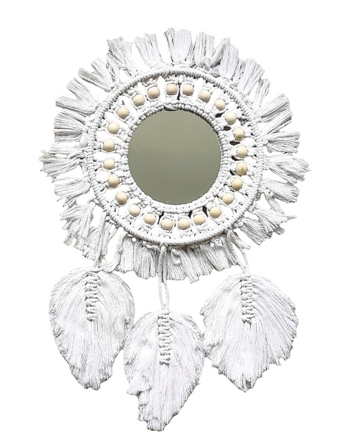Home Decor - Boho Handmade Wall Mirror with Wooden Beads and Leaf Tassels.