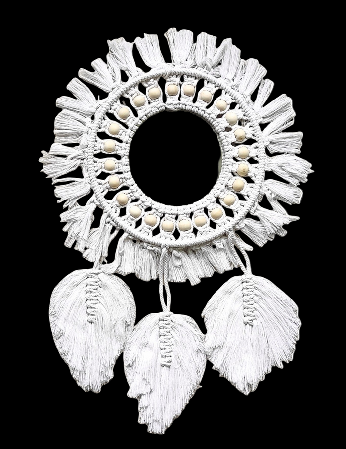 Home Decor - Boho Handmade Wall Mirror with Wooden Beads and Leaf Tassels.