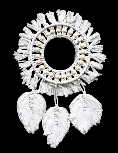 Home Decor - Boho Handmade Wall Mirror with Wooden Beads and Leaf Tassels.