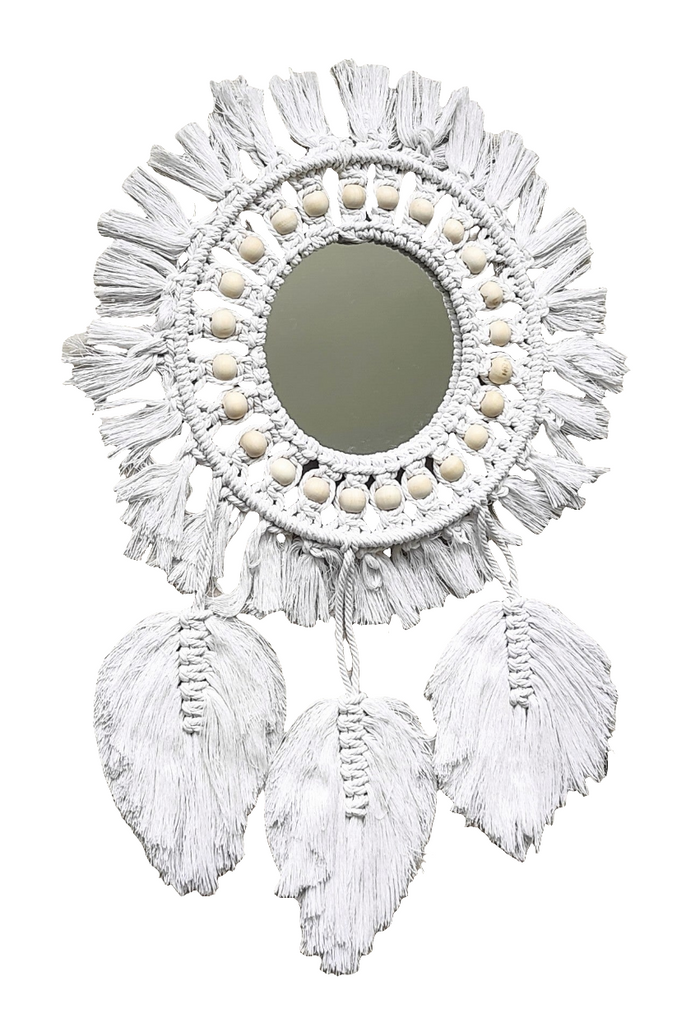 Home Decor - Boho Handmade Wall Mirror with Wooden Beads and Leaf Tassels.