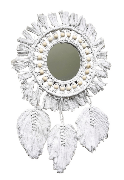 Home Decor - Boho Handmade Wall Mirror with Wooden Beads and Leaf Tassels.