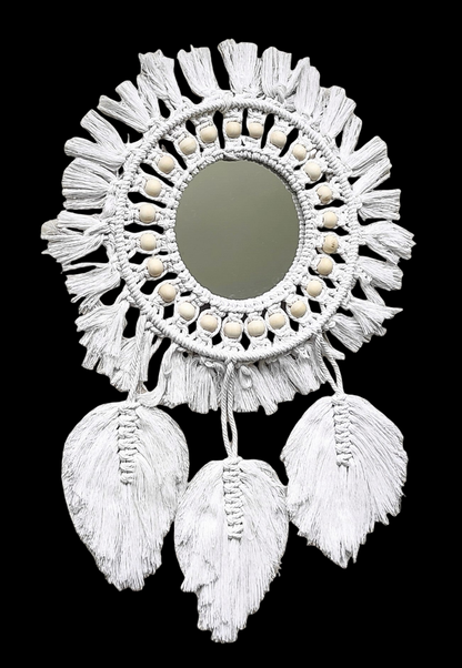 Home Decor - Boho Handmade Wall Mirror with Wooden Beads and Leaf Tassels.